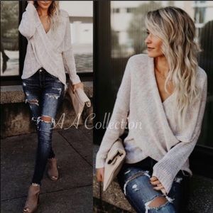 Oatmeal Criss Cross Faux Wrap Sweater